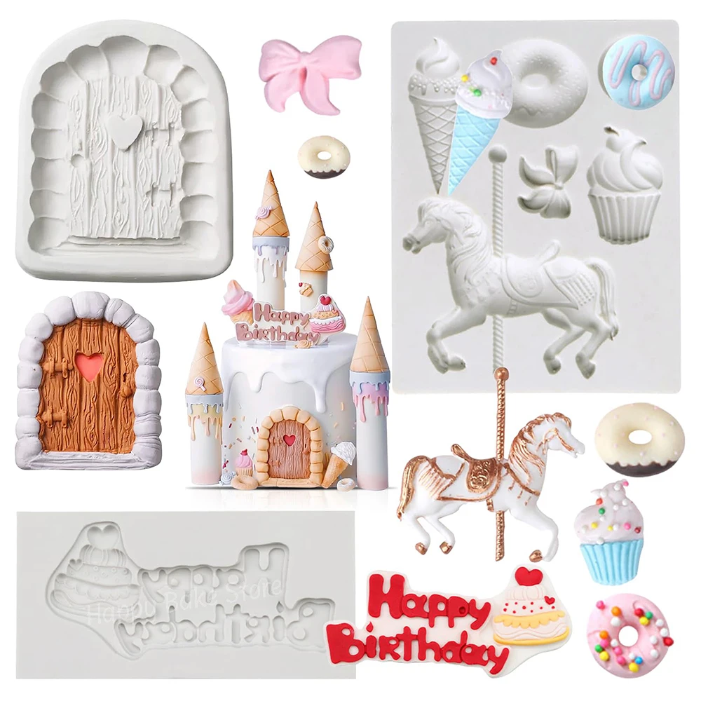 

3PCS/Set Carousel Horse Silicone Fondant Mold, Castle Chocolate Mould, For Cake Decorating, Candy, Happy Birthday Baking Tools