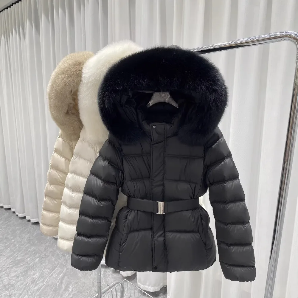 Winter New Down Cotton Clothes Big Raccoon Fur Collar Hooded Waist Strapped Clothes Thickened and Thin Cold-proof Jacket Tide