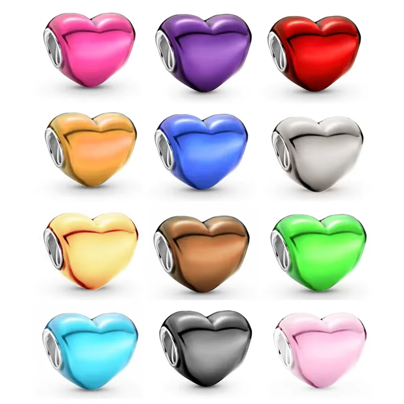 Yellow Red Blue Black Purple Pink Green Heart Charm Beads DIY Jewelry Fit Original 925 Sterling Silver Bracelet Necklace