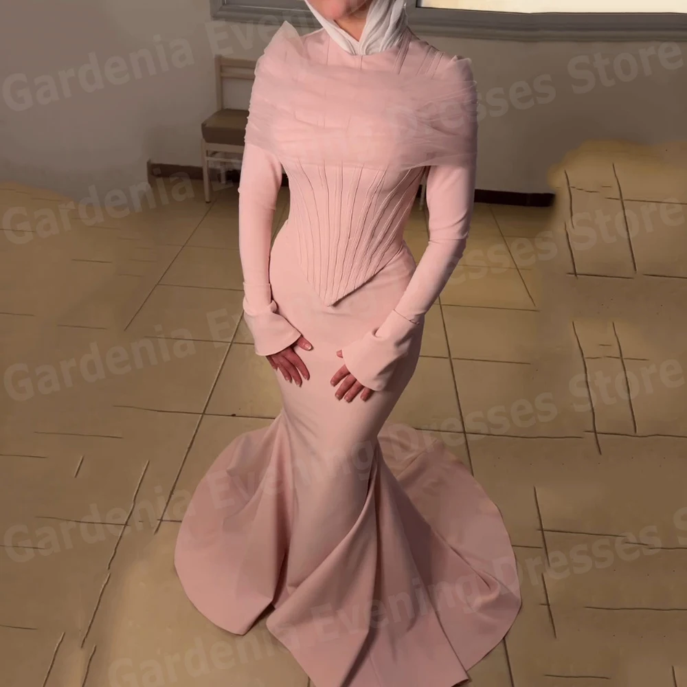 

Arabic Elegant Mermaid Women's Evening Dresses Long Sleeve Formal Party Prom Gowns Customized Pleat Vestido De Gala Noche Mujer