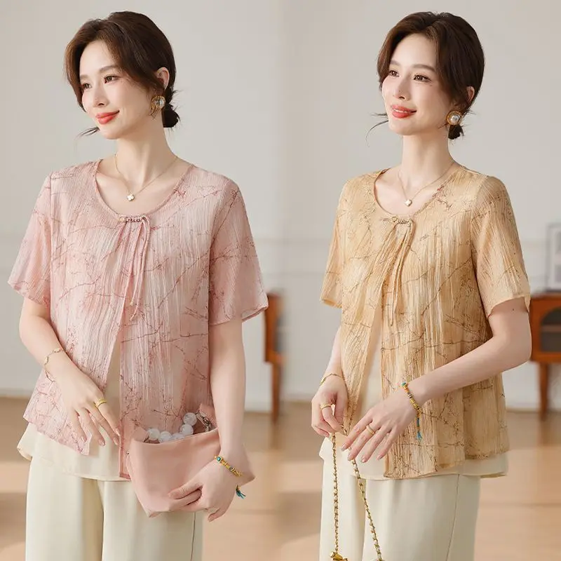 

Elegant Mommy Style Fashionable Thin Chiffon Shirt Cover Belly Middle-aged Women's Clothing Asymmetrical Breathable Loose Fit
