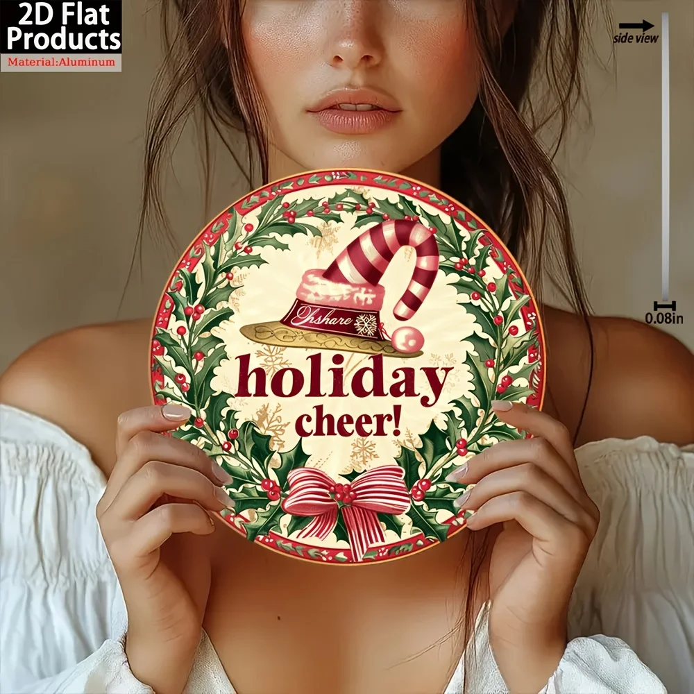 2D Flat, 1pc 2D Printed Round Wooden Christmas Holiday Sign - Red and Green Holly Berry Wreath Wall Decor with Golden Letters, H