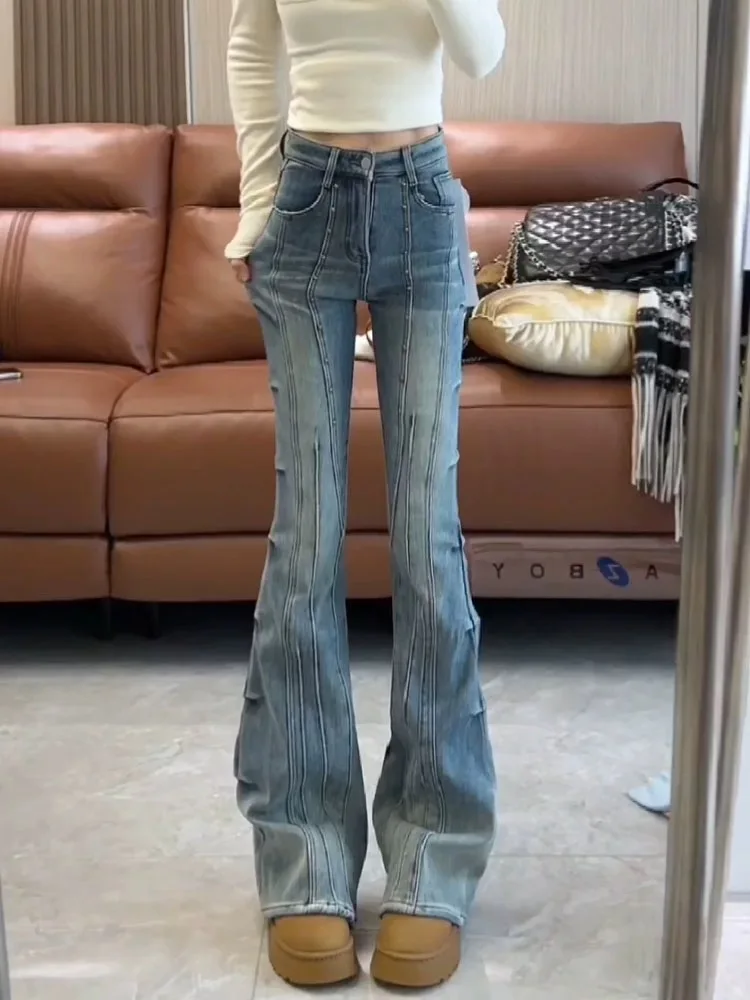 Studded Pleated Flared Jeans Women 2025 Fall High Waist Stretch Bell Bottoms Heavy Duty Design Y2K Vintage Denim Pants