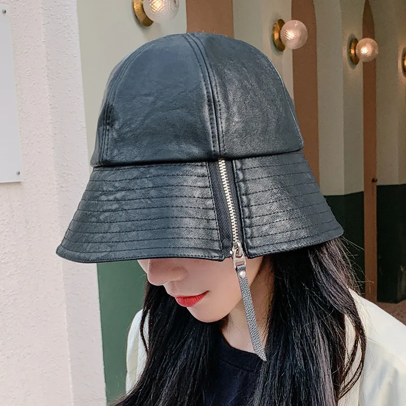 Panama Fisherman\'s Hat Female Japanese Autumn Winter Cap Zipper PU Leather Black Hats Male Spring Shading Bucket Caps Style NEW