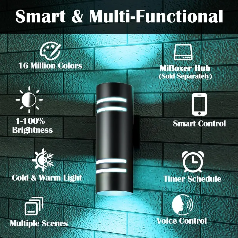 Remote Control Smart RGBCW Up and Down Light Outdoor Wall Light RGB Color Changing, Black Cylindrical Aluminum Exterior Lighting