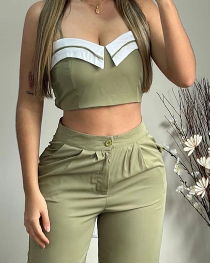 Two Piece Set Women Outfit 2024 Summer Sleeveless Contrasting Striped Crop Cami Top & High Waist Ruched Pocket Design Pants Set