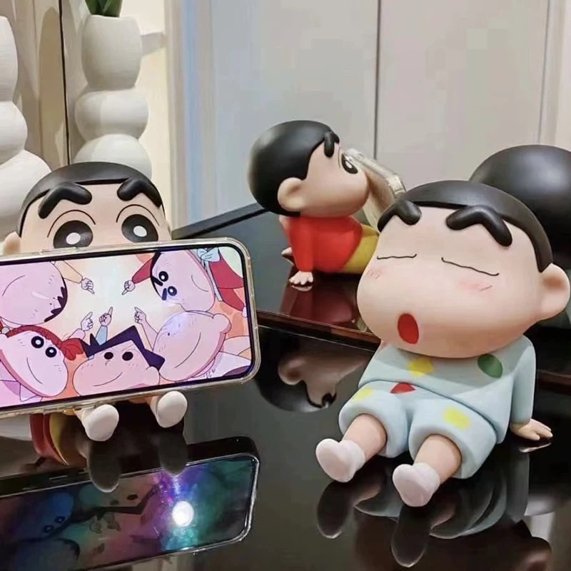 Crayon Shin-Chan Phone Holder Kawaii Anime Desktop Ornaments Cartoon Watching TV Phone Support Cute Doll Decorations Girls Gifts