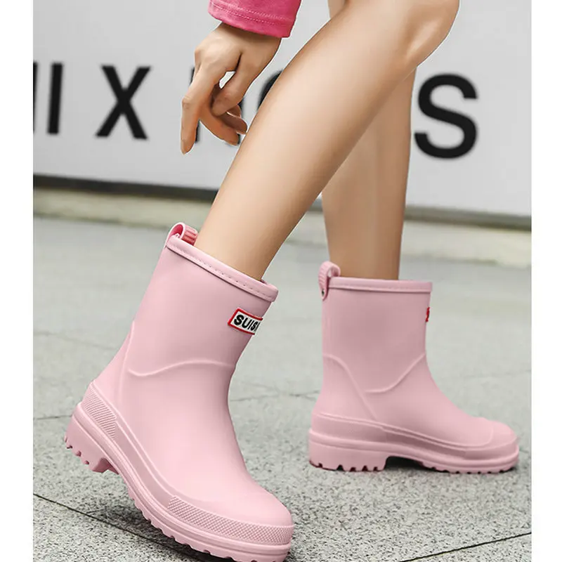 Fashion Rain Boots Solid Color PVC Water Shoes Women's Waterproof Casual Flat Rubber Boots Women Non-slip Walking Shoes