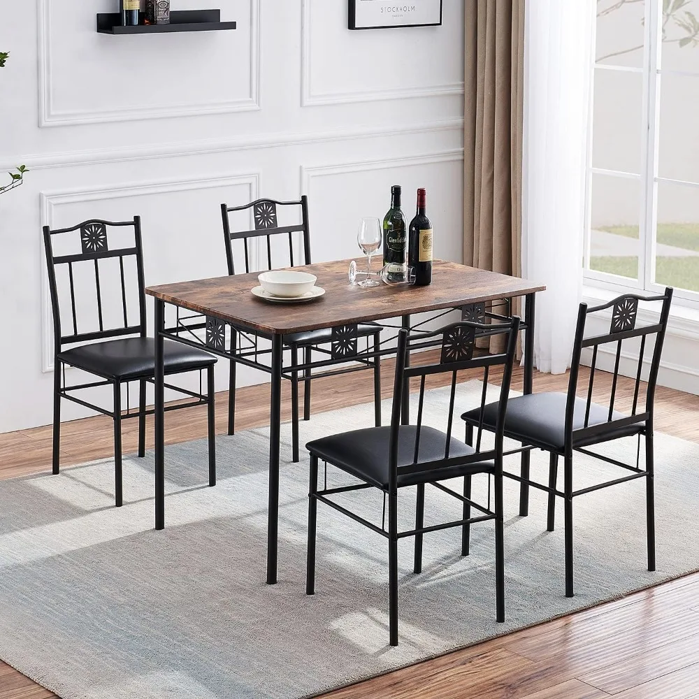 Kitchen Dining Room Table Sets for 4, 5 Piece Metal and Wood Rectangular Breakfast Nook, Dinette with Chairs,  42.1