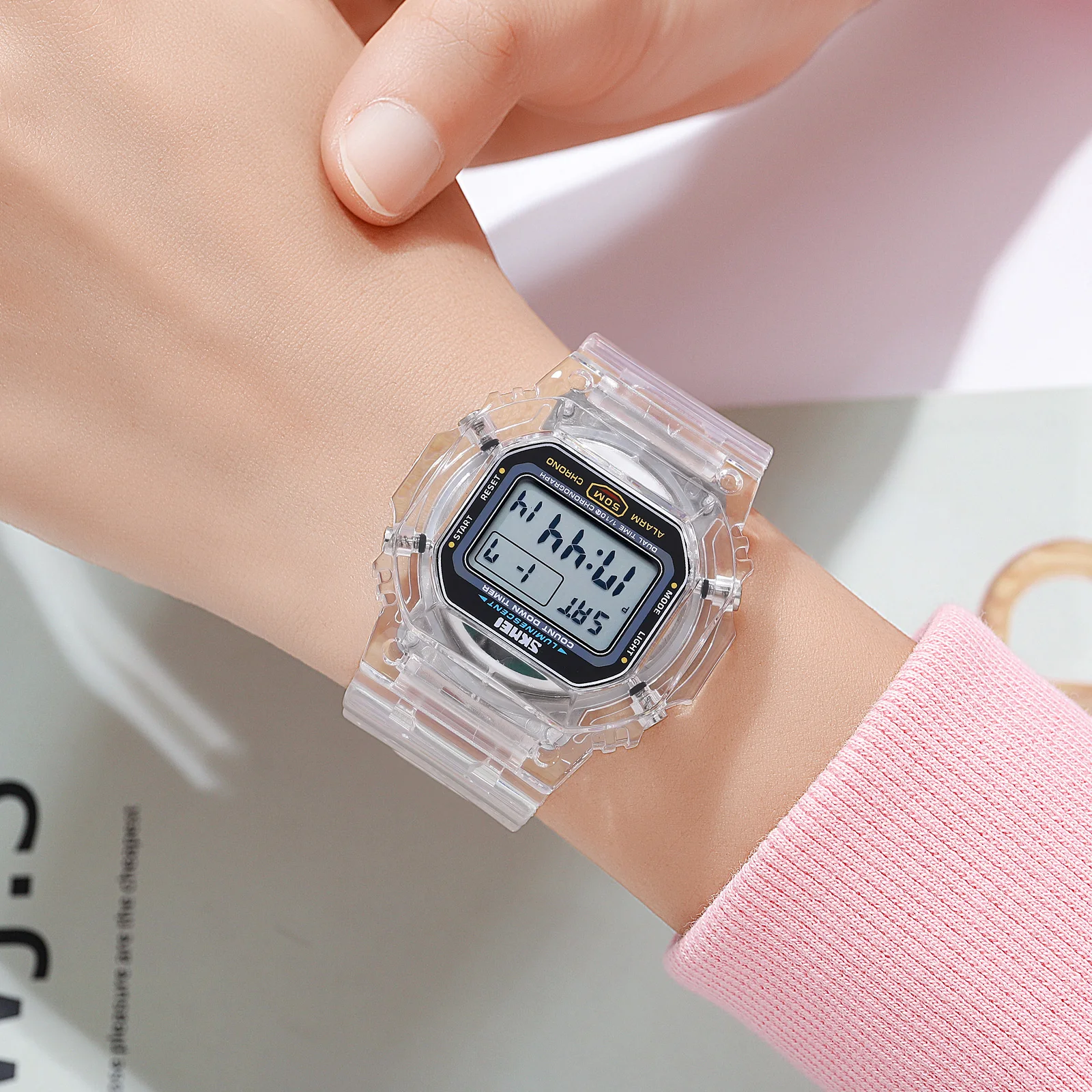 SKMEI Transparent PU Strap Lady Wristwatch Shockproof New Multifunctional 2 Time Count Down Women Digital Watches reloj mujer