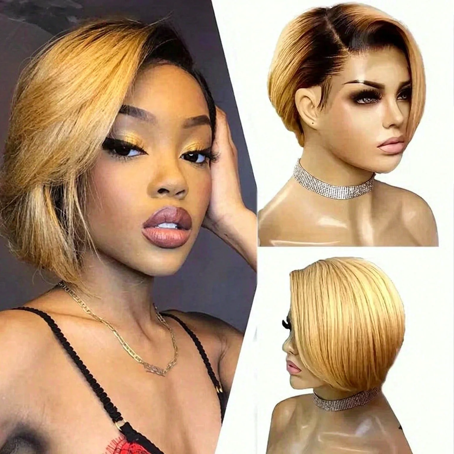 Honey Blonde Highlight Pixie Bob Wig 13x4 Lace Front Peruvian Human Hair 4/27 Brown Glueless Ready to Wear for Black Women