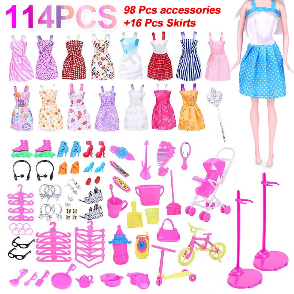 

114PCS Random 98PCS Dolls Accessories+16PCS Doll Clothes Shoes Boots Mini Dress Handbag DIY Dollhouse Toy Accessories for Bar-ie