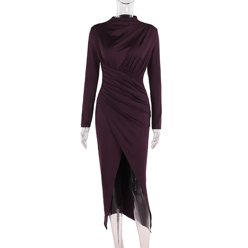 FW25 Vestido midi ajustado con detalle ahumado y cuello medio alto para mujer con abertura en el muslo Elegante moda de otoño