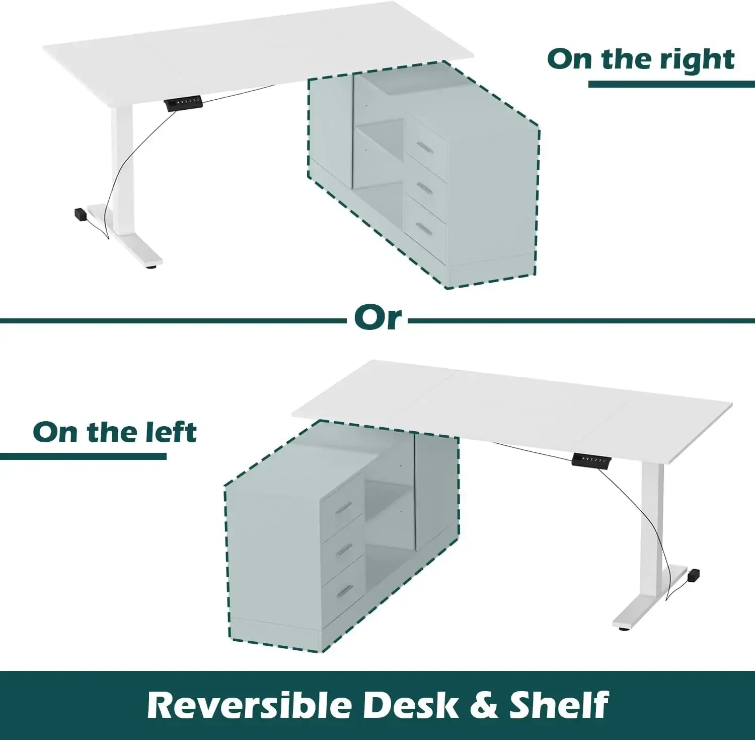 Mesa de pé elétrica em forma de L para escritório doméstico com gavetas e prateleiras, altura ajustável e formato reversível