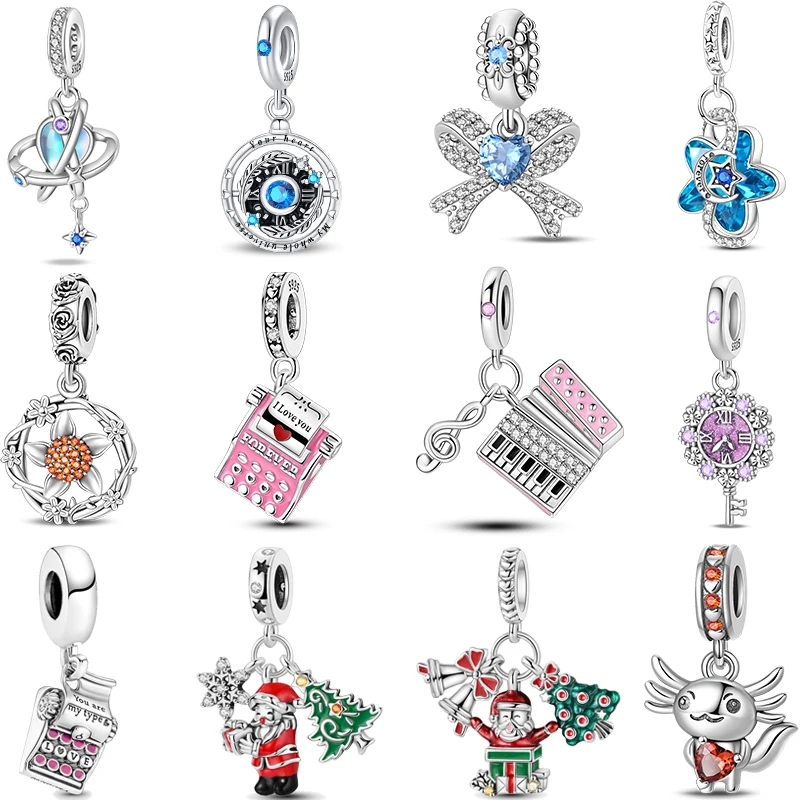 Winter 925 Silver Romantic Christmas Sparkling Bow Typewriter Sweet Charms Beads Fit Pan 925 Original Bracelets DIY Fine Jewelry