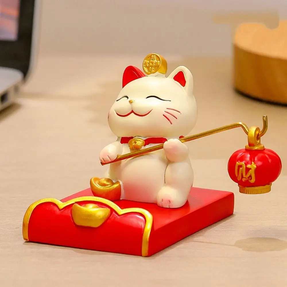 Figurine Miniature Items Lucky Cat Phone Holder Chinese Style Exquisite Animal Mobile Phone Stand Resin Crafts Realistic