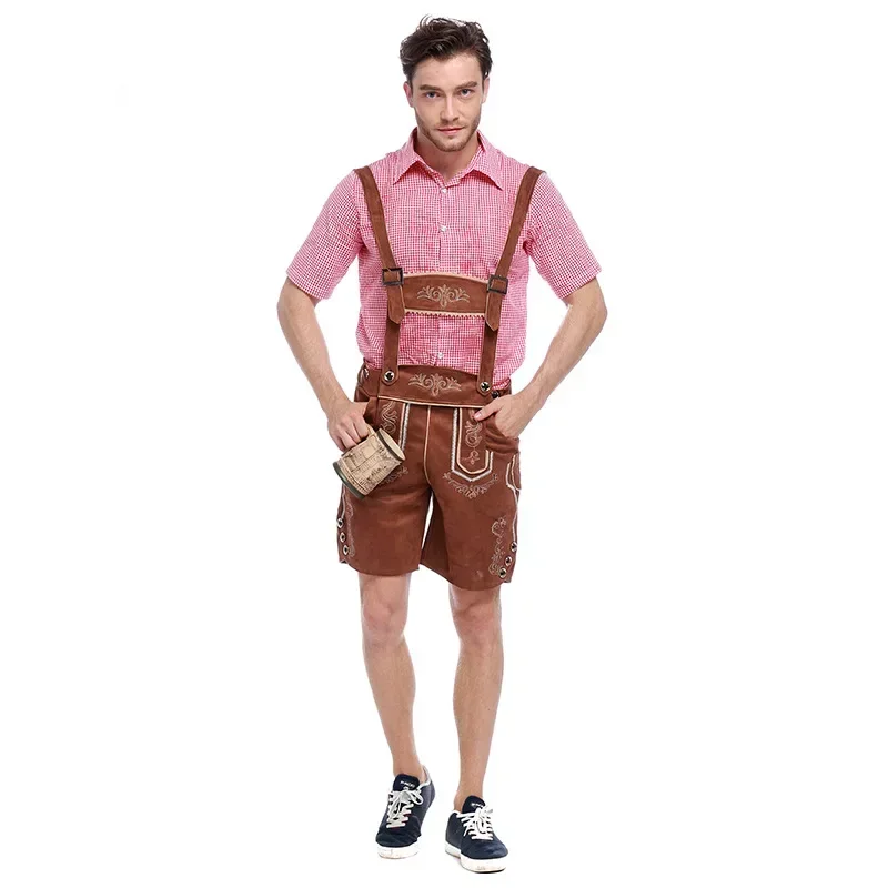 Heren Duits Oktoberfest Lederhosen Kostuum Korte Mouw Geruit Shirt Bretels Broek Set Bier Festival Mannelijke Halloween Cosplay