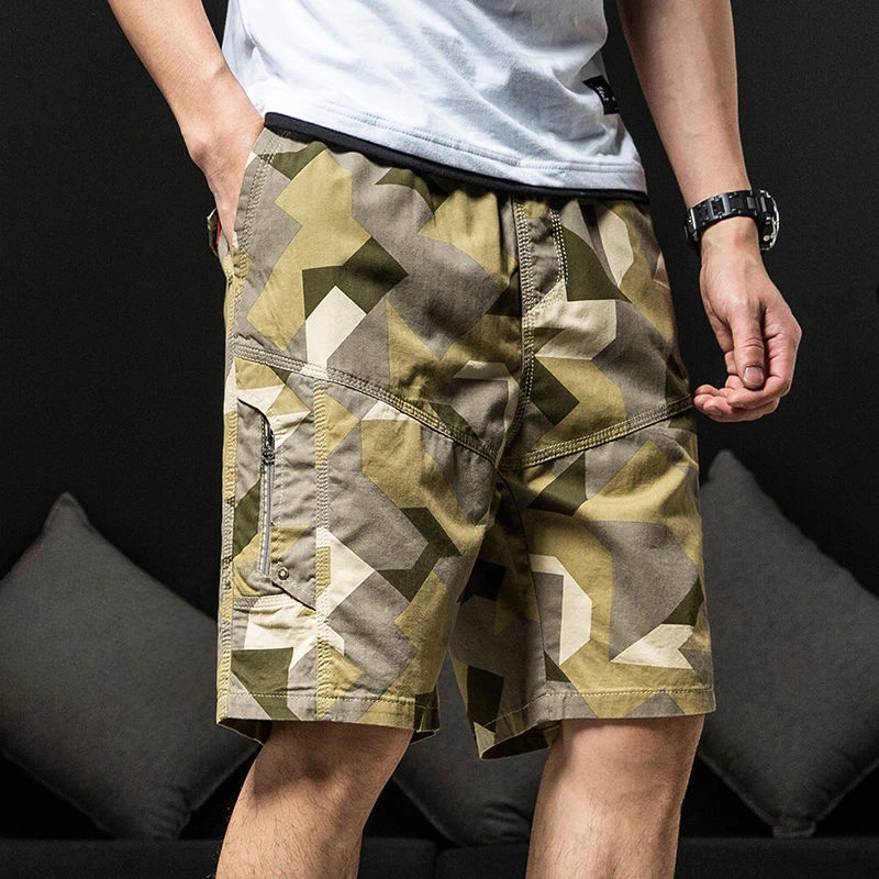 Men\'s Cargo Shorts with Zipper Blue Camo Hiking Male Short Pants Camouflage Multi Pocket Comfortable Wide Jorts Homme New in Y2k