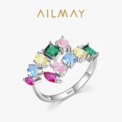 Ailmay 925 Sterling Silve Luxury Geometric Design Sparkling Rainbow Zircon Open Rings For Women Girls Party Accessories Jewelry