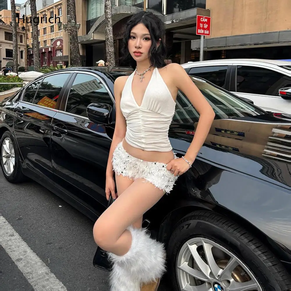 

White Halter Ruched Crop Top Two Piece Women Deep V Slim Fit Fluffy Feather Fringe Low Waist Mini Short Pants Set