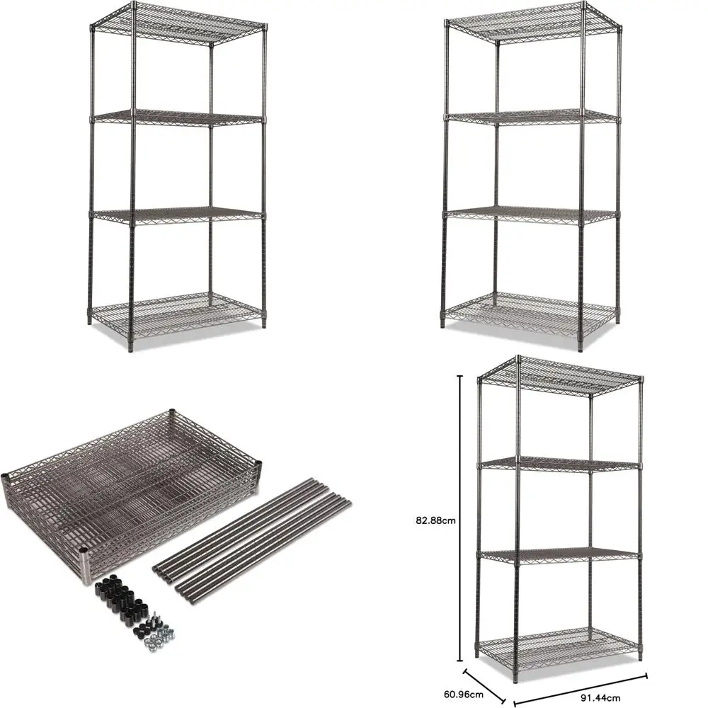 Czarny regał druciany z czterema półkami, 91 cm szer. x 61 cm gł. x 183 cm wys., wytrzymałe rozwiązanie do przechowywania