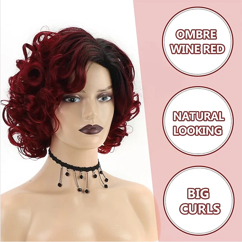 HAIRJOY Synthetic Hair Short Burgundy Curly Wigs for  Women Ombre Wine Red  Short  Wig