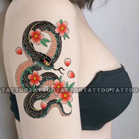 Color SnakeTattoos for Woman Man Hip Hop Temporary Tattoos Viper Flower Arm Tattoos Waterproof Tattoo Stickers Art Fake Tattoo