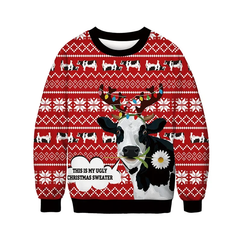 3D Printed Christmas Animal Hoodie For Men Cat Dog Cow Graphic Sweatshirts Fashion Long Sleeves Round Neck Loose Hoodies
