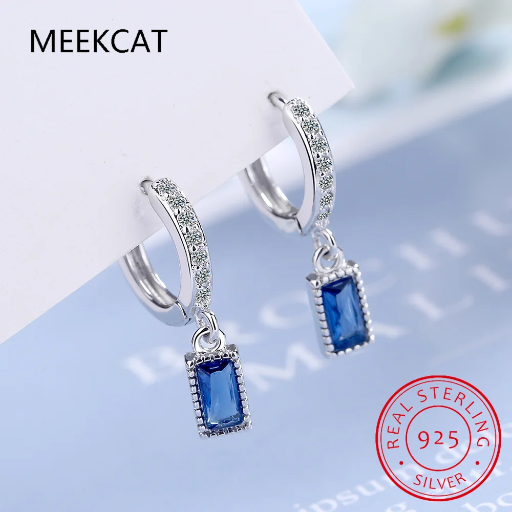 Pendientes colgantes de circonio azul cuadrado de Plata de Ley 925, nuevos pendientes simples de estilo para mujer, joyería fina BSE613