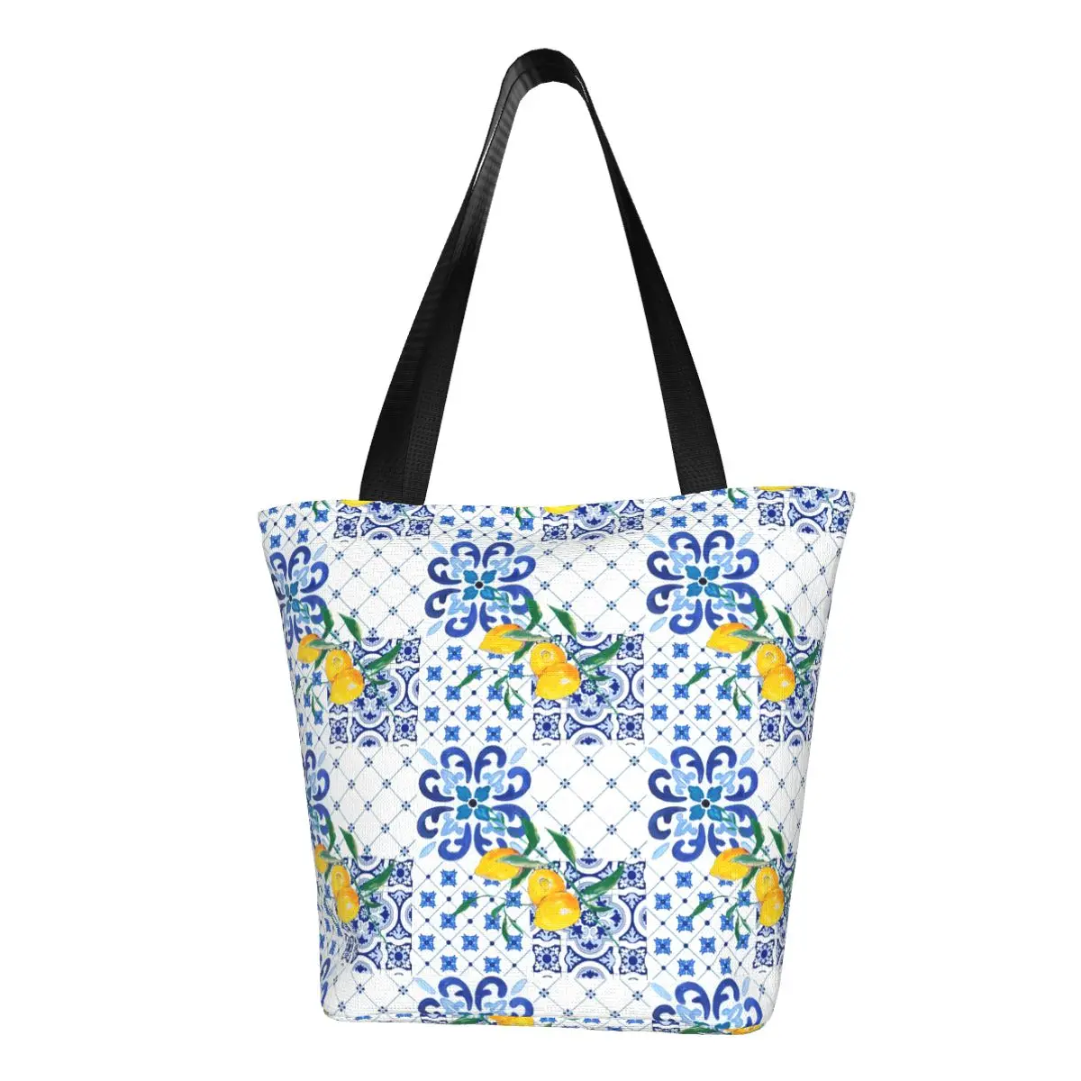 Custom Mediterranean Sicilian Tiles Lemons Citrus Groceries Shopping Bag Canvas Shopper Tote Shoulder Bag Big Capacity Handbag