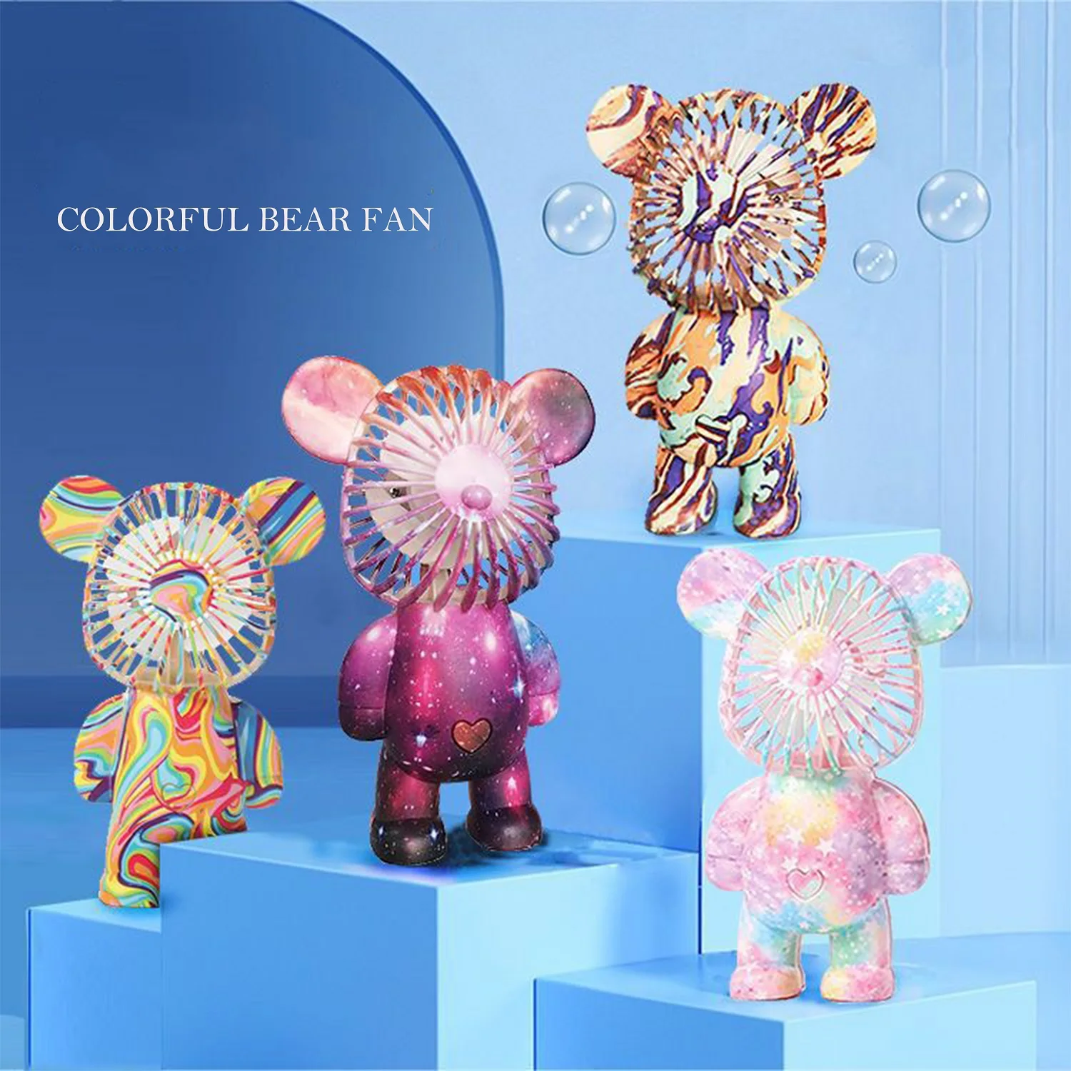 2023 New Noiseless Portable Small Fan A Summer Three-Gear Handle Small Fan Colorful Doodle Bear Small Fan Usb Charge