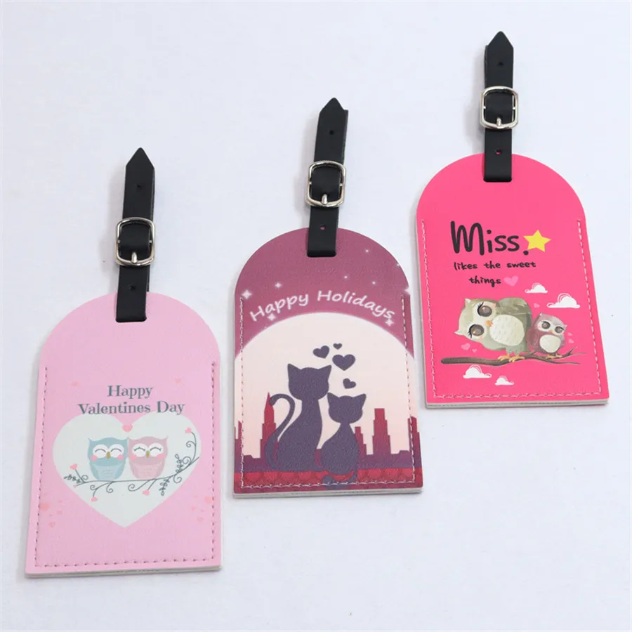 Lovely PU Leather Printing Luggage Tag Hanging Tag Suitcase Tag With Name ID Cards Anti-lost Cute Travel Accessories For Flight