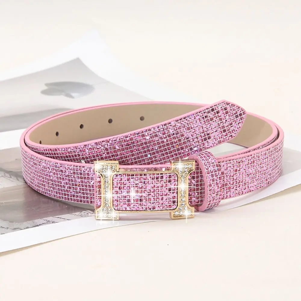 Fashion Bling Bling Sparkling Rhinestone Belt Glitter Luxury Brand Design Slide Buckle Belt Versatile Trendy Waistband Women