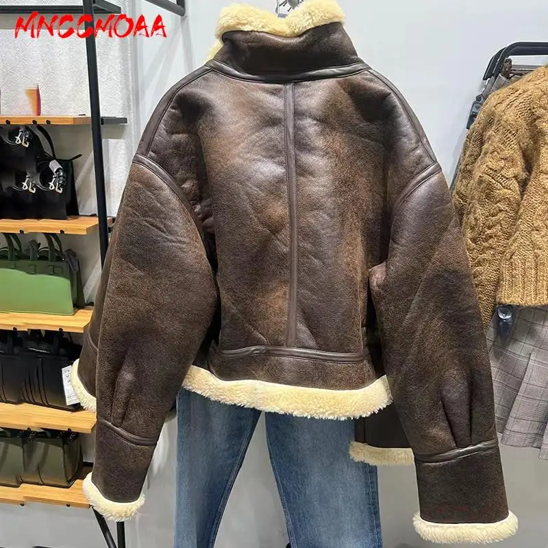 MNCCMOAA-Veste en faux cuir vintage épaisse et chaude pour femmes, manteau pour femmes, hauts amples, vêtements d'extérieur solides, mode d'hiver de haute qualité 2024