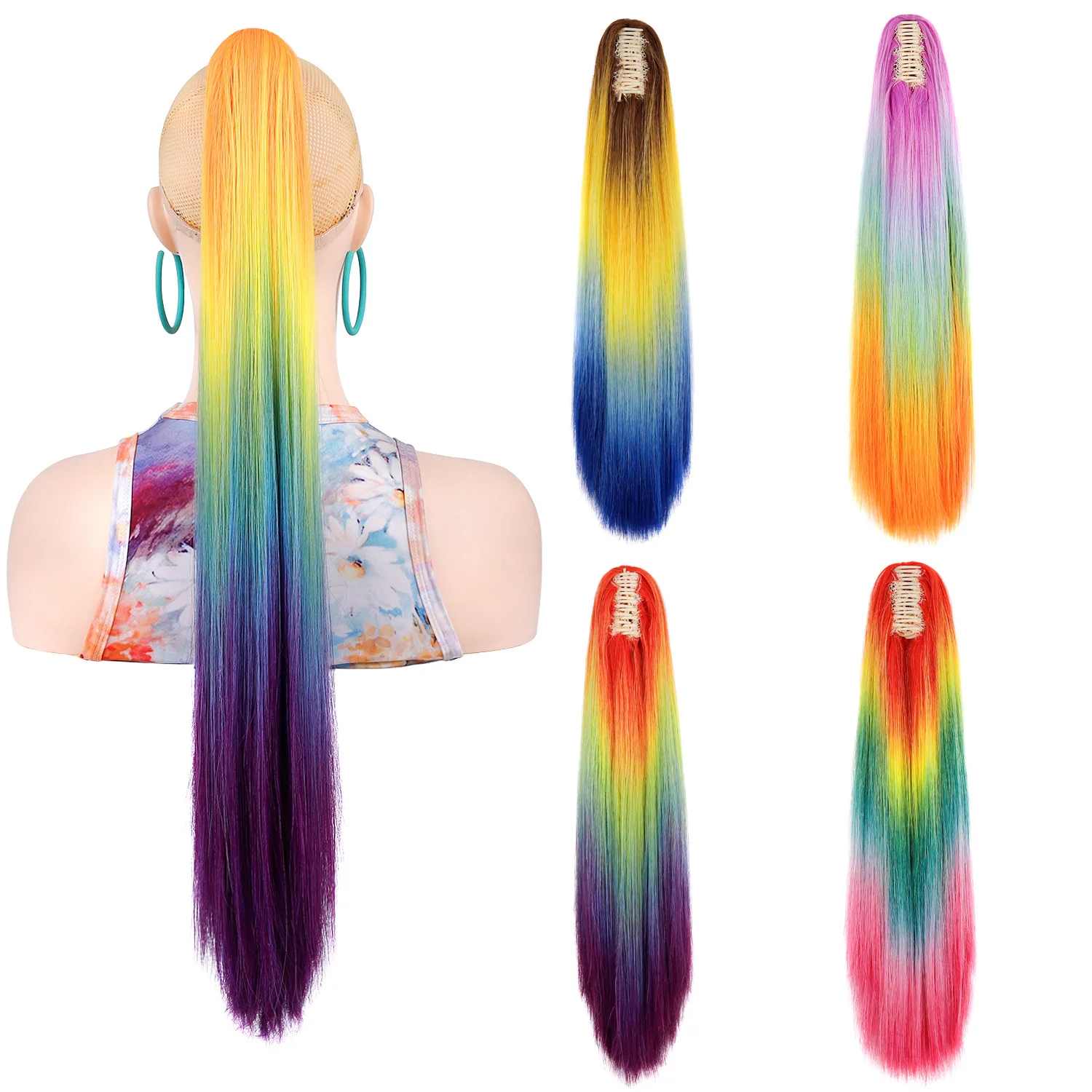 

24inch Colorful Gradient Long Straight Hair Ponytail Synthetic Fibers Ponytail Hair Extension Claw Pony Tail Hairpiece for Women