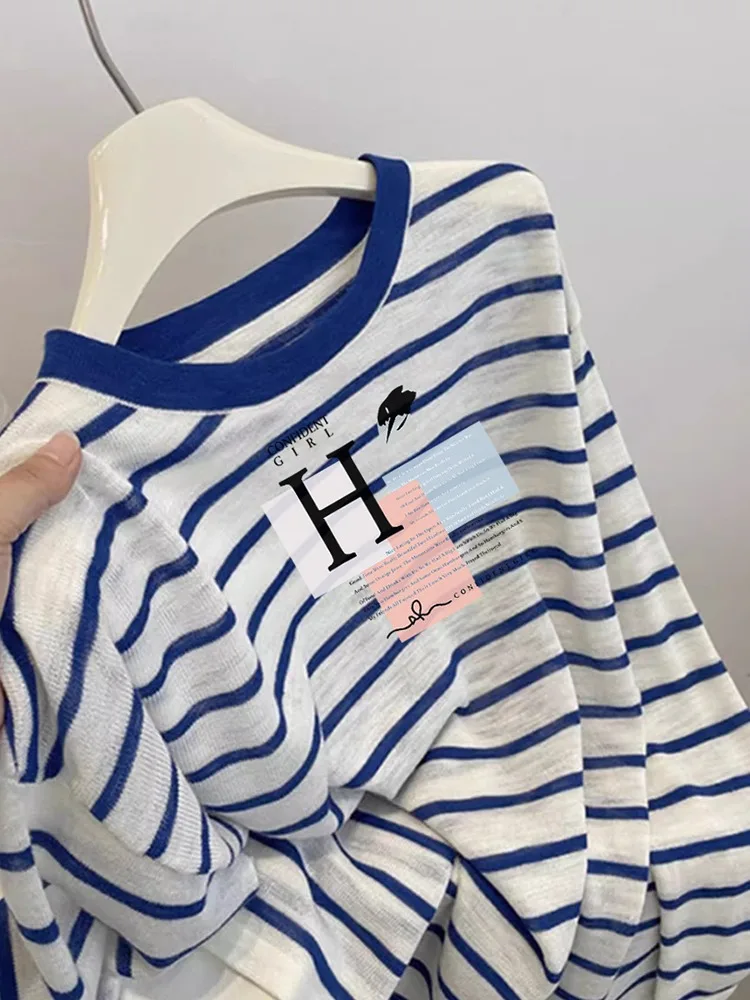 Lente zomer blauw gestreept lang Sve dames T-shirt rond Ne Faionable zonnebrandcrème airconditioning cover-up top