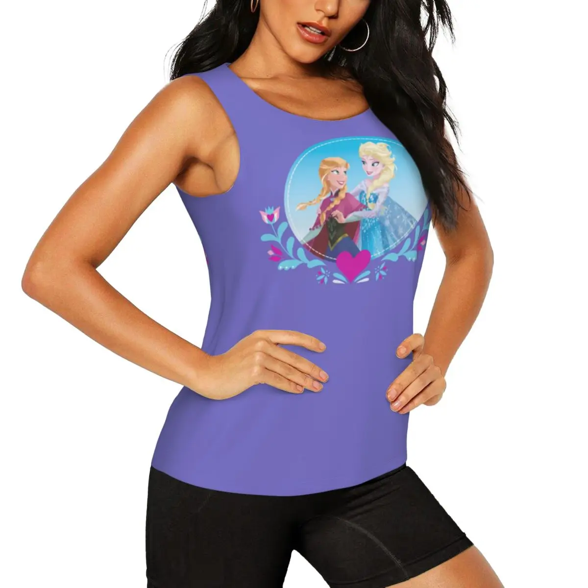 Custom Frozen Anna And Elsa Embracing Workout Tank Tops Women's Quick Dry Sleeveless Yoga Shirts