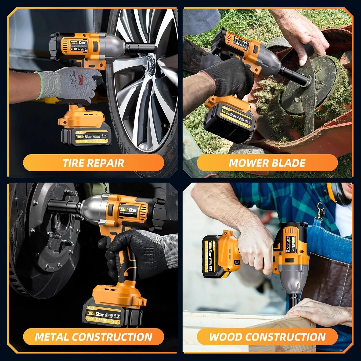 Taskstar Cordless Impact Wrench 1/2 Inch 1200Nm Brushless High Torque Impact Gun Electric Impact Driver for Car Truck RV Mower