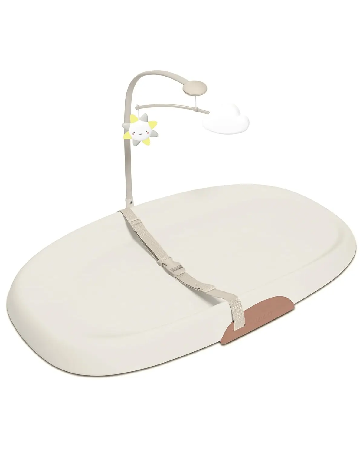 

Baby Changing Pad, Wipe-Clean Contoured Cushioned Foam, Non-Skid Base, Safety Belt, Tuck-Away Toy Bar, Fits Standard Tables, Oat