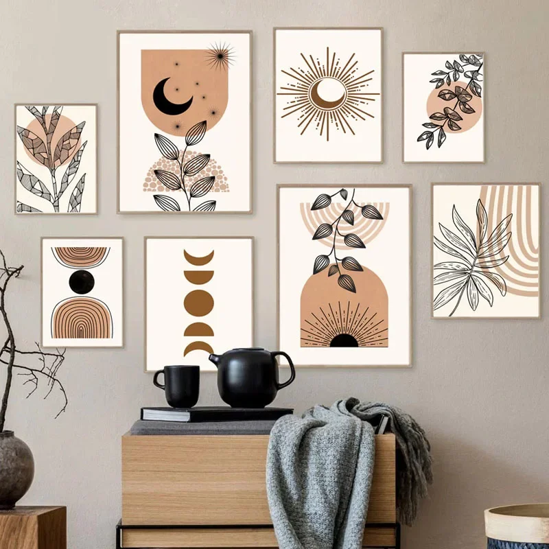 Boho Sun Moon Lines Leaf Abstract Geometry Wall Art Canvas Painting Beige Posters And Prints Pictures Living Room Interior De