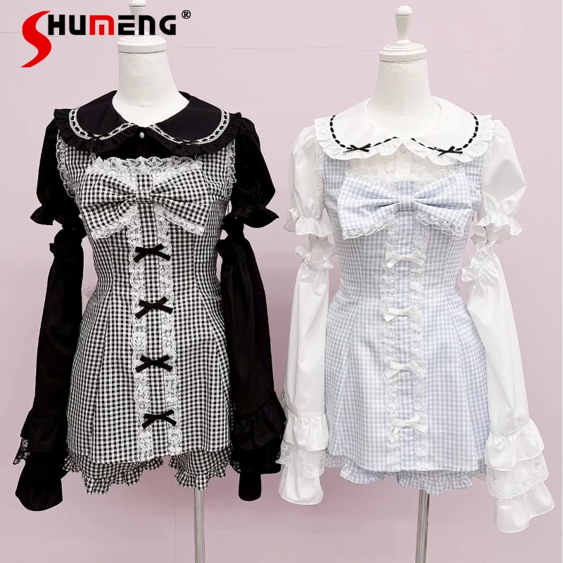 

Summer Japanese Rojita Beautiful Set Short Pants Sweet Plaid Strap 2-Piece Set Tie Slimming Ruffled Dress Shorts 2-Piece Outfits