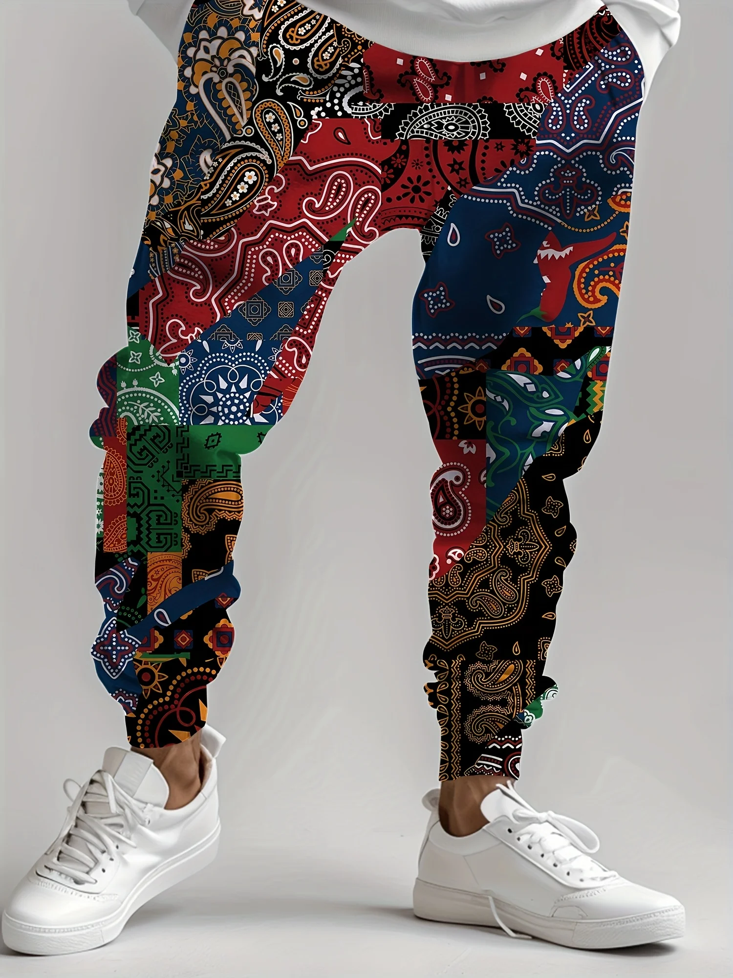 ريترو باندانا يطبع الشارع السراويل الرجال جيوب جانبية مطاطا الرباط Sweatpants ركض السراويل للرجال بناطيل كاجوال الخريف #4