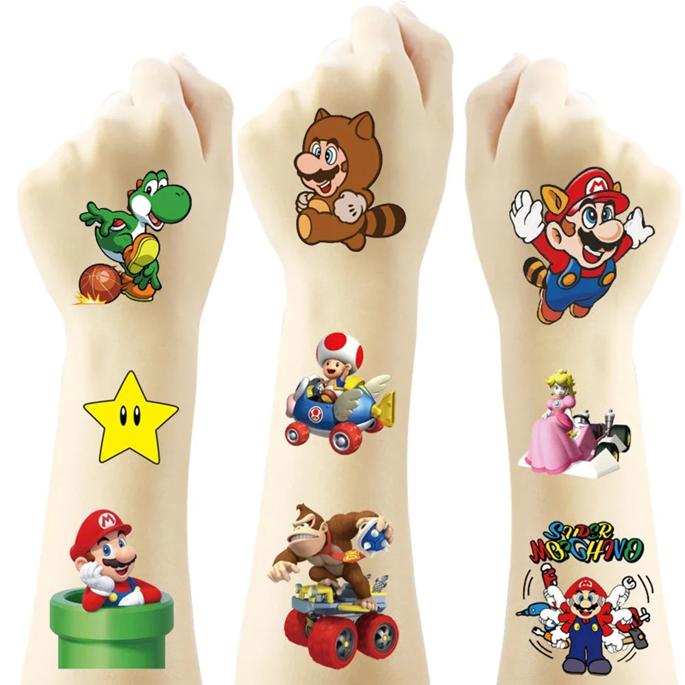 20 unids/set Super Mario Bros tatuaje temporal pegatinas Kawaii Luigi Yoshi figura calcomanías juguetes niños regalos de fiesta de cumpleaños