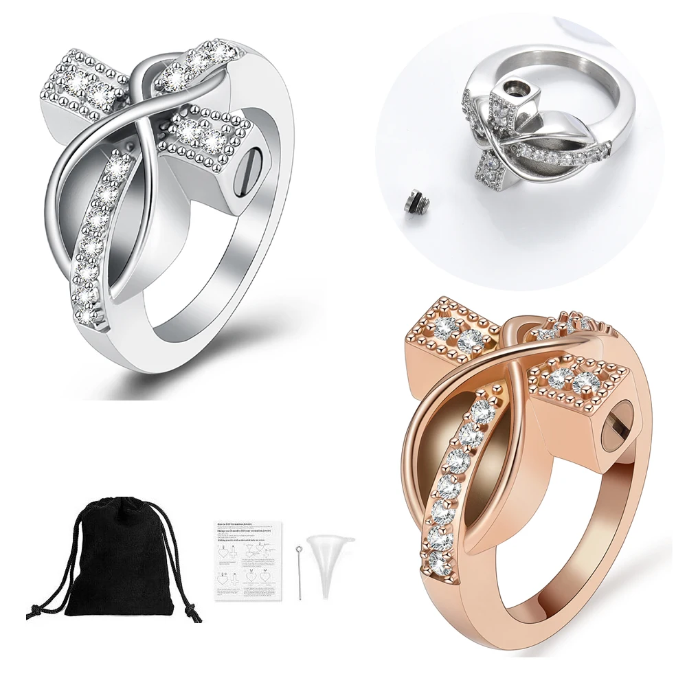 

Crystal Cross Shape Urns Rings Stainless Steel Customize Memorial For Pet/Human Ashes Cremation Ring Keepsake Jewelry Women