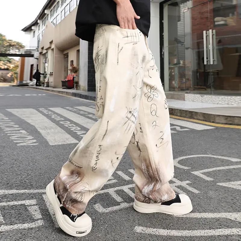 الهيب البوب نمط رسمت باليد فضفاض الجينز الرجال فضفاض واسعة الساق Y2k بنطلون الذكور