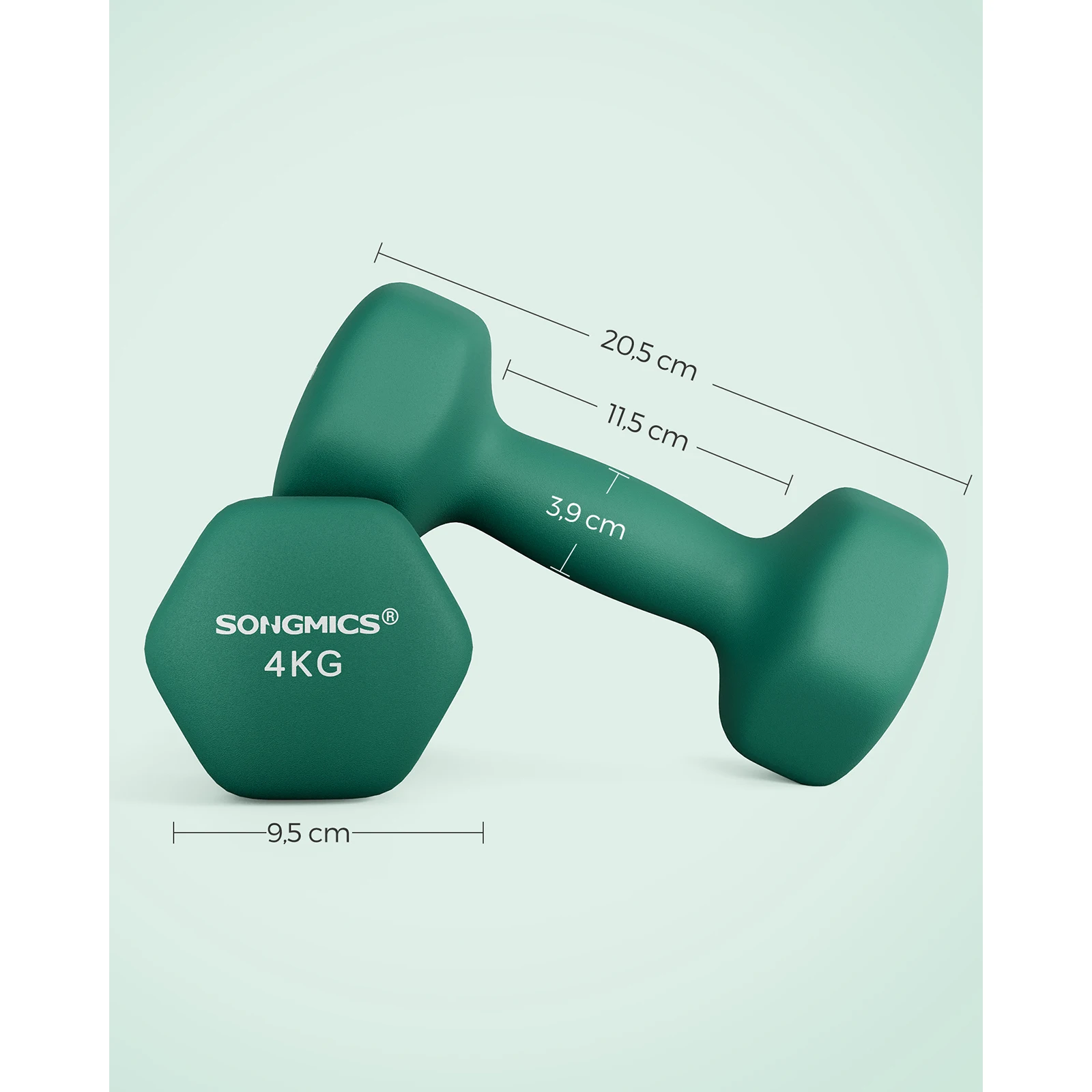 SONGMICS 2 x 4kg Dumbbells, Matte Neoprene Coating, Non-Slip, 20.5 x 9, Green, Ideal for Gym Workouts