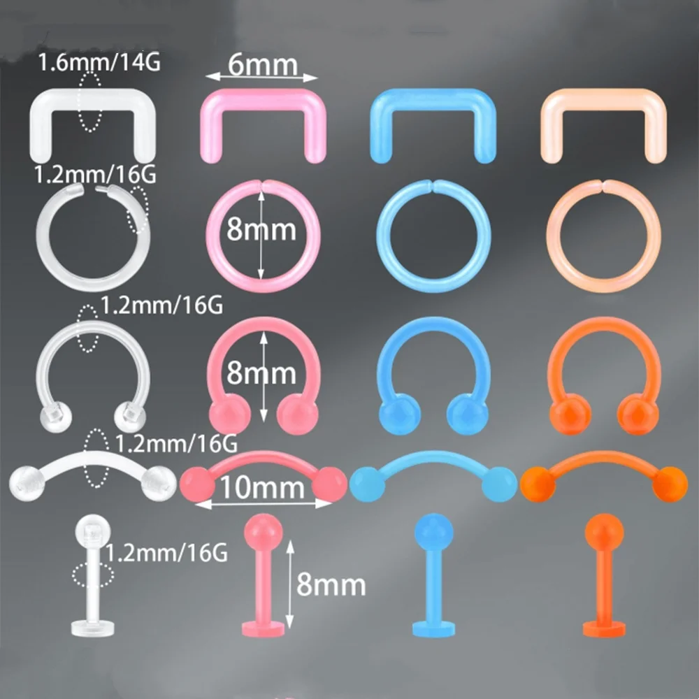 25pc Sports Style 14/16G Body Piercing Jewelry Set,Bioflex Transparent Piercing Retainers, Multi-Color Flexible Plastic Material