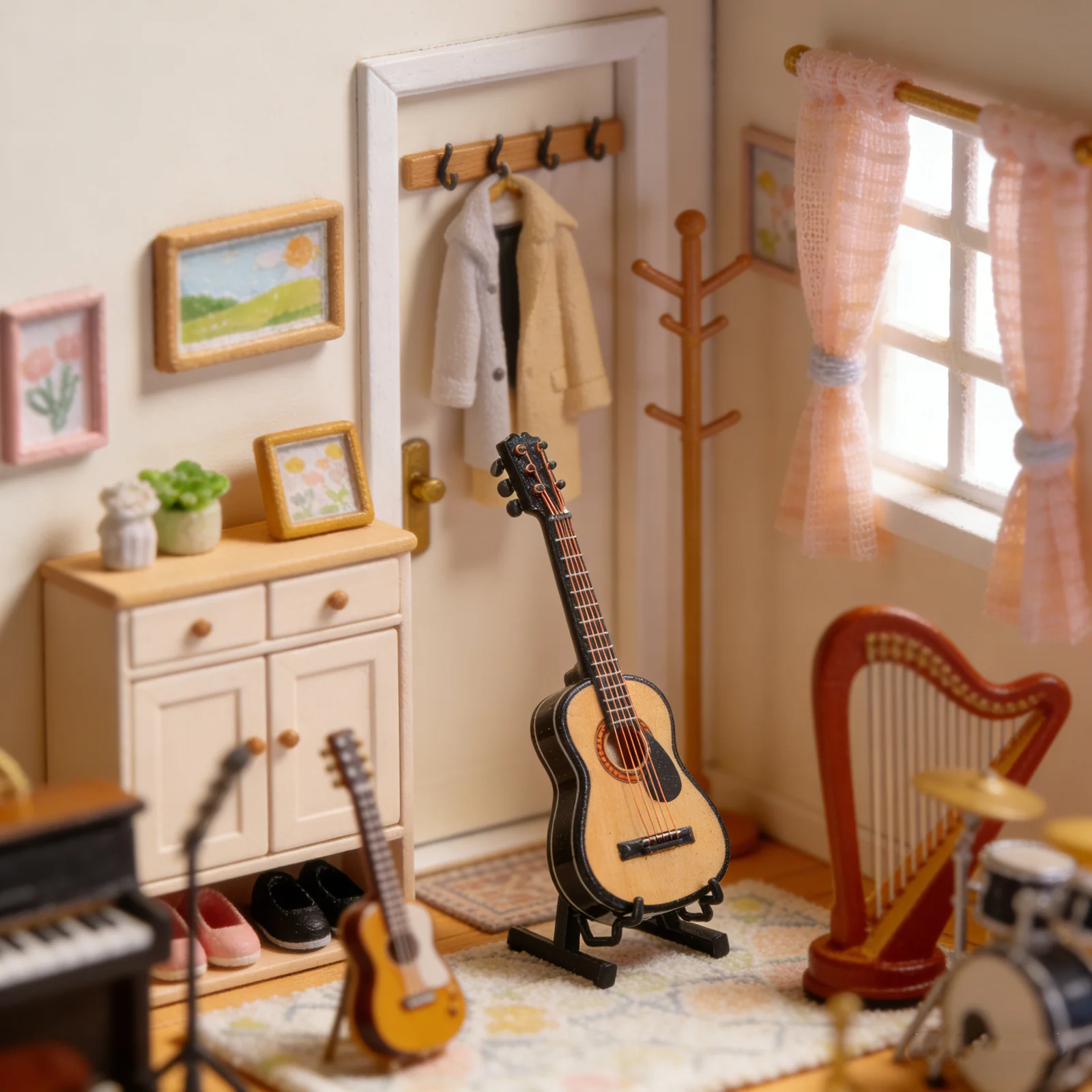 جيتار مصغر جيتار خشبي صغير زينة واقعية للآلات الموسيقية لرف سطح المكتب
