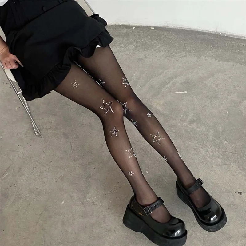 

Star Bow Diamond Rhinestone Sexy Women Tights Mesh Fishnet Pantyhose Thigh High Stockings Anti-hook JK Lolita Girls Kawaii Tight