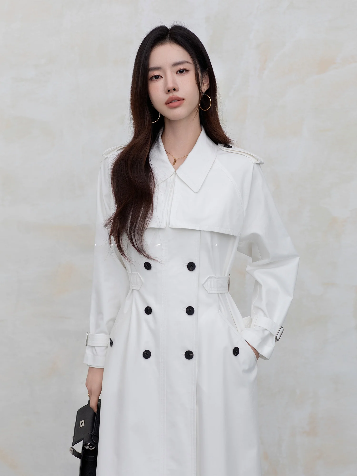 

Ele Touchin Haut Rusa Design Trench Coat Double Breasted Waist Cinched Lenzing Cotton Outerwear for Women